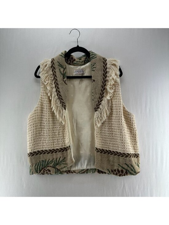 Jans Jems Jackets & Blazers - Vintage Jans Jems Tapestry Fringe Shawl Vest Size M/L Woven Lined Pinecone Cream